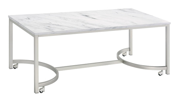 Leona Coffee Table with Casters White and Satin Nickel image