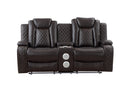 JOSHUA LEATHER CONSOLE LOVESEAT W/ DUAL RECLINERS-DK BROWN