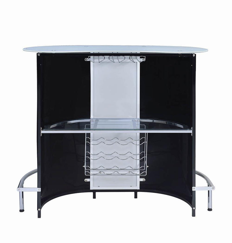 G100654 Contemporary Black and Chrome Bar Unit with Frosted Glass Top