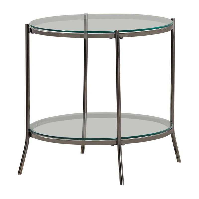 Laurie Round Glass Top End Table Black Nickel and Clear